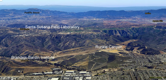 Pictured above: Google Earth imagery of SSFL, the Brandeis-Bardin Institute, and Runkle Canyon